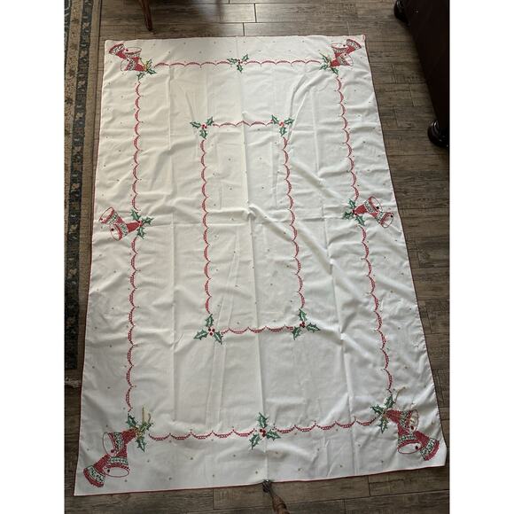 Vintage Cross Stitch Hand Embroidered Christmas Bells Tablecloth 84" x 57 - Picture 1 of 4